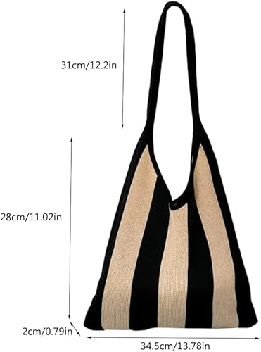 Black & Beige Striped Knit Shoulder Bag – Foldable Cotton Tote | Minimalist Retro Style | Travel, Daily Use, Beach