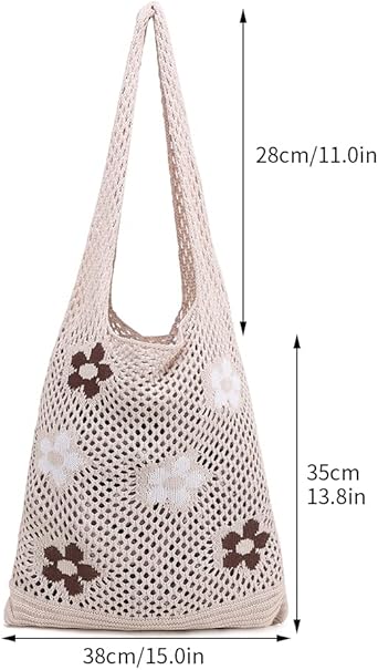 Crochet Mesh Shoulder Bag with Floral Accents – Handmade Cotton Tote for Summer, Shopping, or Beach
