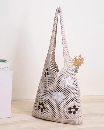 Crochet Mesh Shoulder Bag with Floral Accents – Handmade Cotton Tote for Summer, Shopping, or Beach