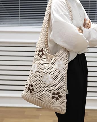 Crochet Mesh Shoulder Bag with Floral Accents – Handmade Cotton Tote for Summer, Shopping, or Beach