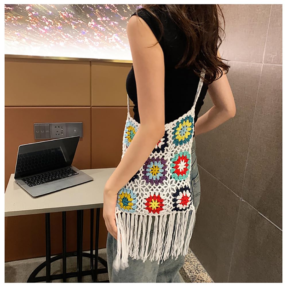 Boho Crochet Crossbody Bag with Tassels – Colorful Handmade Granny Square Purse | Cotton Knit | Retro Hippie Festival Bag