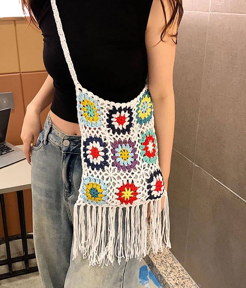 Boho Crochet Crossbody Bag with Tassels – Colorful Handmade Granny Square Purse | Cotton Knit | Retro Hippie Festival Bag