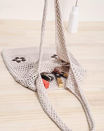 Crochet Mesh Shoulder Bag with Floral Accents – Handmade Cotton Tote for Summer, Shopping, or Beach