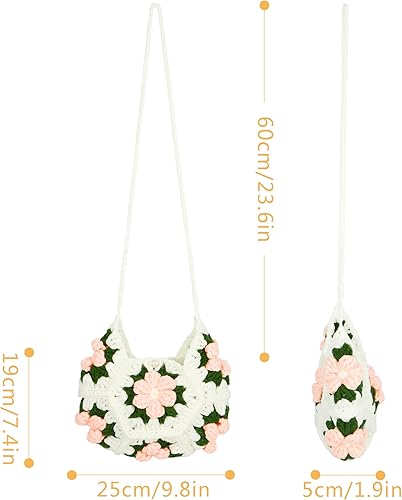 Crochet Flower Shoulder Bag – Handmade Granny Square Mini Crossbody | Pink & Green Floral Purse | Soft Foldable Sling Bag