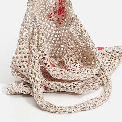 Crochet Mesh Shoulder Bag with Red Floral Accents – Handmade Cotton Tote | Eco-Friendly, Foldable, Lightweight