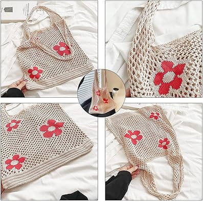 Crochet Mesh Shoulder Bag with Red Floral Accents – Handmade Cotton Tote | Eco-Friendly, Foldable, Lightweight