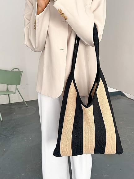 Black & Beige Striped Knit Shoulder Bag – Foldable Cotton Tote | Minimalist Retro Style | Travel, Daily Use, Beach