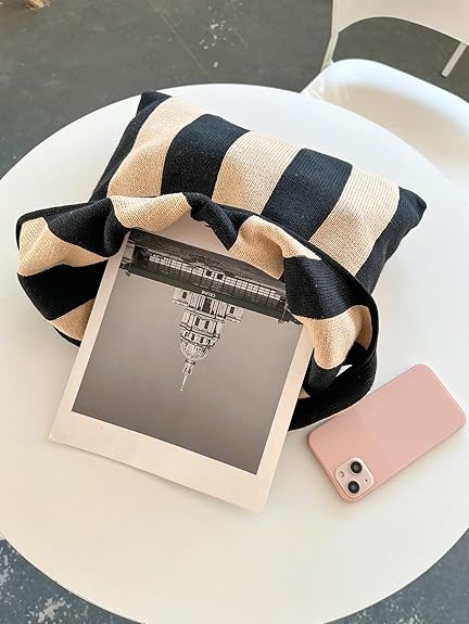 Black & Beige Striped Knit Shoulder Bag – Foldable Cotton Tote | Minimalist Retro Style | Travel, Daily Use, Beach