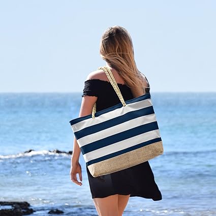 Large Capacity Canvas Beach Bag with Rope Handles ā Navy Stripe Tote with Jute Base | Travel, Pool, Gym