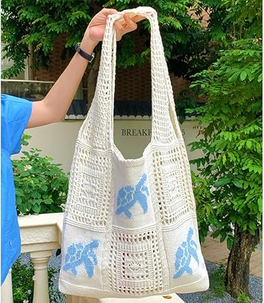 Crochet Patchwork Cotton Shoulder Bag – Boho Handmade Style | Reusable Tote for Shopping, Travel, or Beach