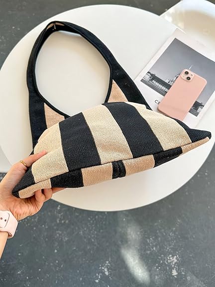 Black & Beige Striped Knit Shoulder Bag – Foldable Cotton Tote | Minimalist Retro Style | Travel, Daily Use, Beach