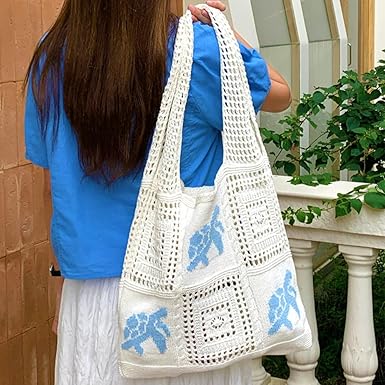 Crochet Patchwork Cotton Shoulder Bag – Boho Handmade Style | Reusable Tote for Shopping, Travel, or Beach
