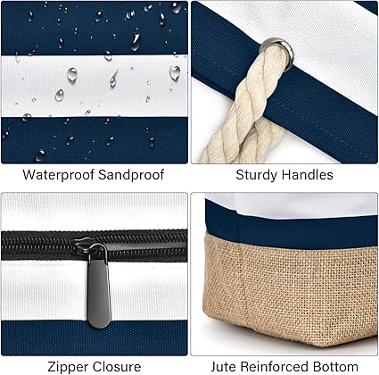Large Capacity Canvas Beach Bag with Rope Handles ā Navy Stripe Tote with Jute Base | Travel, Pool, Gym