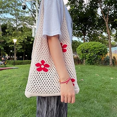 Crochet Mesh Shoulder Bag with Red Floral Accents – Handmade Cotton Tote | Eco-Friendly, Foldable, Lightweight