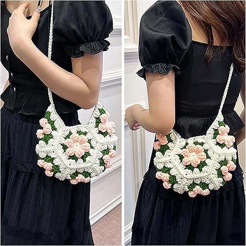 Crochet Flower Shoulder Bag – Handmade Granny Square Mini Crossbody | Pink & Green Floral Purse | Soft Foldable Sling Bag