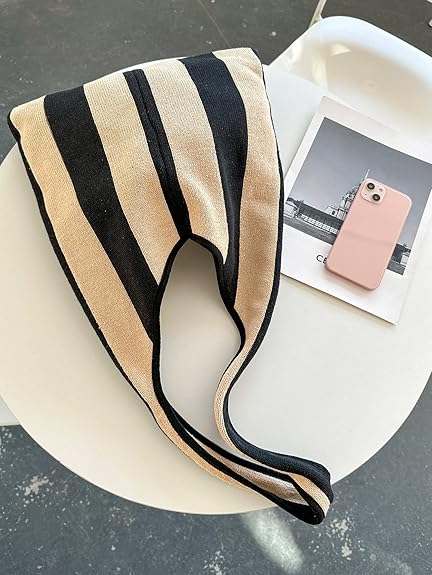 Black & Beige Striped Knit Shoulder Bag – Foldable Cotton Tote | Minimalist Retro Style | Travel, Daily Use, Beach