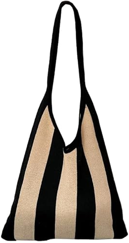 Black & Beige Striped Knit Shoulder Bag – Foldable Cotton Tote | Minimalist Retro Style | Travel, Daily Use, Beach