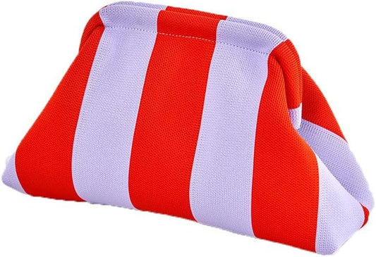 Red & White Striped Shell Pouch – Mini Handbag / Makeup Bag | Retro Color Block Design | Compact Travel Organizer