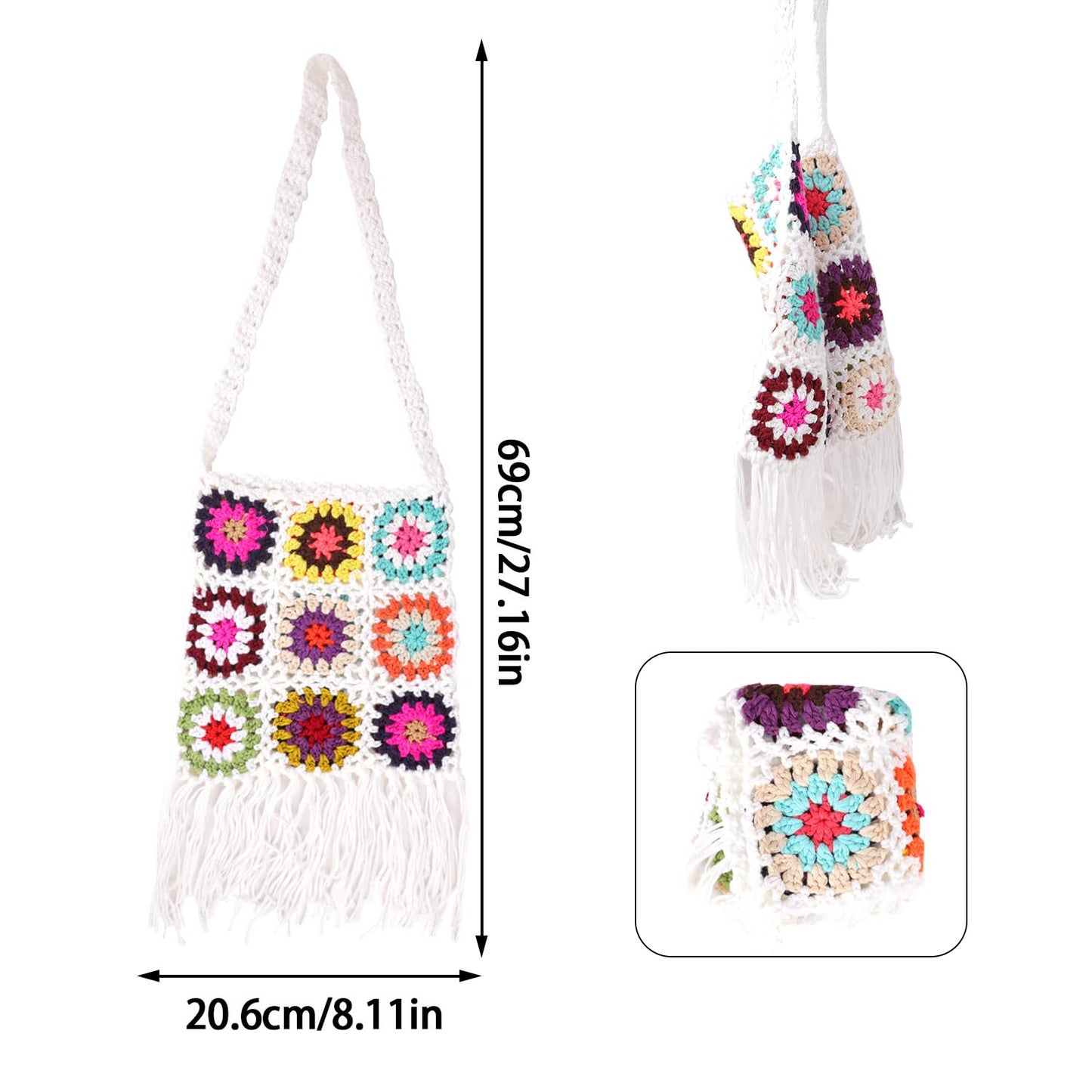 Boho Crochet Crossbody Bag with Tassels – Colorful Handmade Granny Square Purse | Cotton Knit | Retro Hippie Festival Bag