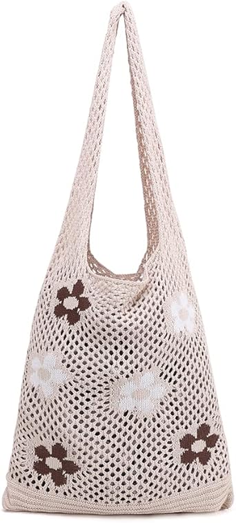 Crochet Mesh Shoulder Bag with Floral Accents – Handmade Cotton Tote for Summer, Shopping, or Beach