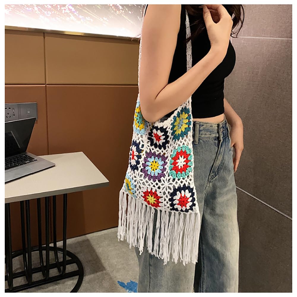 Boho Crochet Crossbody Bag with Tassels – Colorful Handmade Granny Square Purse | Cotton Knit | Retro Hippie Festival Bag