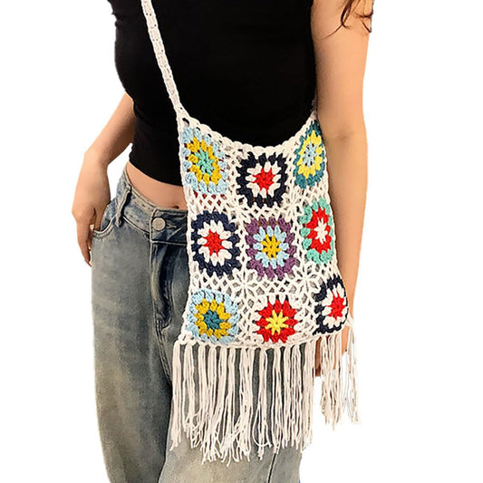 Boho Crochet Crossbody Bag with Tassels – Colorful Handmade Granny Square Purse | Cotton Knit | Retro Hippie Festival Bag