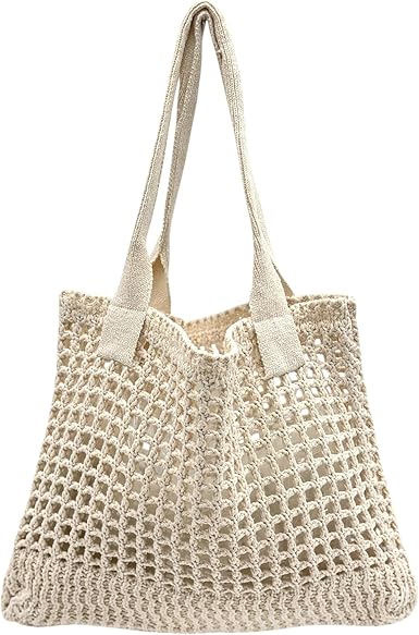 Woven Cotton Mesh Tote Bag – Reusable Eco-Friendly Shoulder Bag for Grocery, Beach, Daily Use