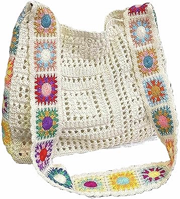 Crochet Patchwork Shoulder Bag – Handmade Vintage Boho Tote | Foldable, Lightweight | For Travel, Shopping, Beach
