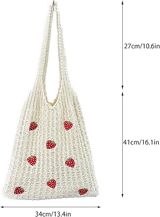 Crochet Strawberry Mesh Shoulder Bag – Handmade Cotton Tote | Foldable Reusable Eco Bag | Cute Style for Summer, Shopping, Beach
