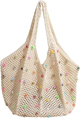 Oversized Crochet Tote Bag with Colorful Beads – Cotton Mesh Handbag | Foldable Eco Shopping & Beach Bag