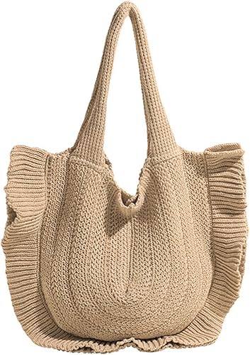 Ruffled Knit Cotton Tote Bag – Soft Foldable Shoulder Handbag | Sweet Feminine Style | Casual Everyday Carry