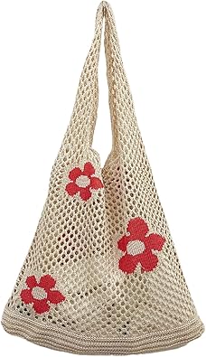 Crochet Mesh Shoulder Bag with Red Floral Accents – Handmade Cotton Tote | Eco-Friendly, Foldable, Lightweight