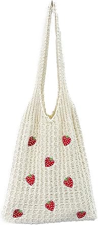 Crochet Strawberry Mesh Shoulder Bag – Handmade Cotton Tote | Foldable Reusable Eco Bag | Cute Style for Summer, Shopping, Beach