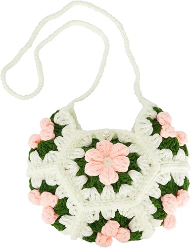 Crochet Flower Shoulder Bag – Handmade Granny Square Mini Crossbody | Pink & Green Floral Purse | Soft Foldable Sling Bag