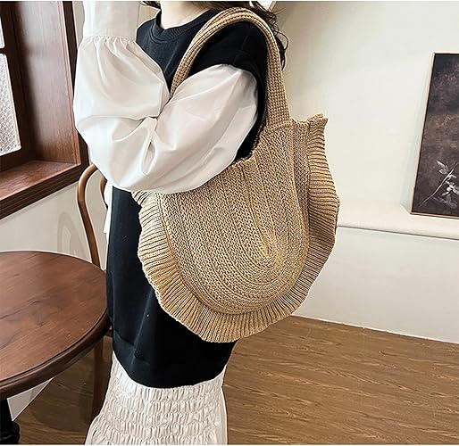 Ruffled Knit Cotton Tote Bag – Soft Foldable Shoulder Handbag | Sweet Feminine Style | Casual Everyday Carry