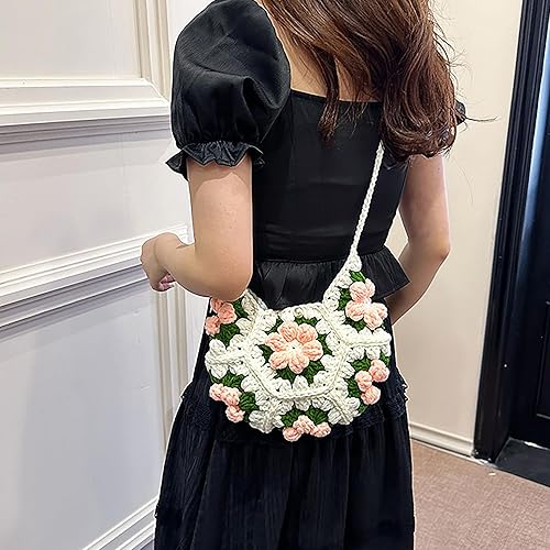 Crochet Flower Shoulder Bag – Handmade Granny Square Mini Crossbody | Pink & Green Floral Purse | Soft Foldable Sling Bag