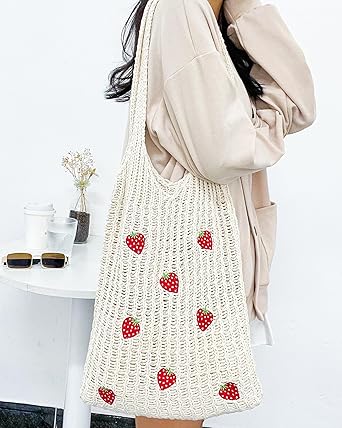 Crochet Strawberry Mesh Shoulder Bag – Handmade Cotton Tote | Foldable Reusable Eco Bag | Cute Style for Summer, Shopping, Beach