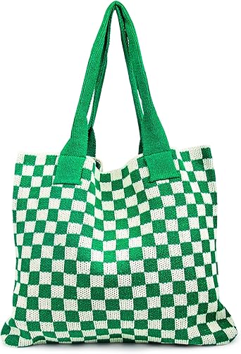 Green Checkerboard Crochet Tote Bag – Cotton Knit Handbag | Foldable Eco Shopper | Vintage Style for School, Commute, or Travel