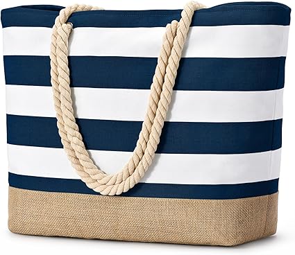 Large Capacity Canvas Beach Bag with Rope Handles – Navy Stripe Tote with Jute Base | Travel, Pool, Gym