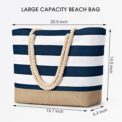 Large Capacity Canvas Beach Bag with Rope Handles – Navy Stripe Tote with Jute Base | Travel, Pool, Gym