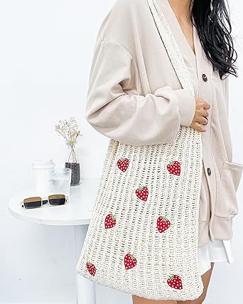 Crochet Strawberry Mesh Shoulder Bag – Handmade Cotton Tote | Foldable Reusable Eco Bag | Cute Style for Summer, Shopping, Beach