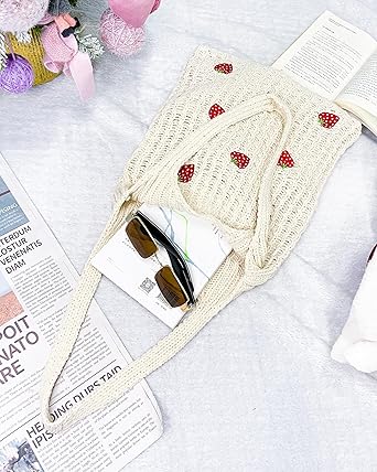 Crochet Strawberry Mesh Shoulder Bag – Handmade Cotton Tote | Foldable Reusable Eco Bag | Cute Style for Summer, Shopping, Beach