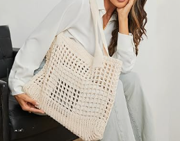 Woven Cotton Mesh Tote Bag – Reusable Eco-Friendly Shoulder Bag for Grocery, Beach, Daily Use